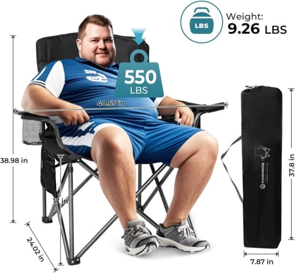 FUNDANGO Oversize Fold Camping Chair for Adults 2 Pack, 550 Lbs Portable Beach Fishing Lawn Chair with Cushion seat & Back, 4-can Cooler & Cup Holder, Carry Bag Included for Outdoor (2 Pack/Black) - Image 3