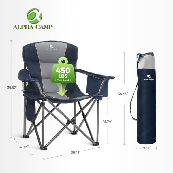ALPHA CAMP Oversized Camping Folding Chair Heavy Duty with Cooler Bag Support 450 LBS Steel Frame Collapsible Padded Arm Quad Lumbar Back Chair Portable for Lawn Outdoor,Blue - Image 2