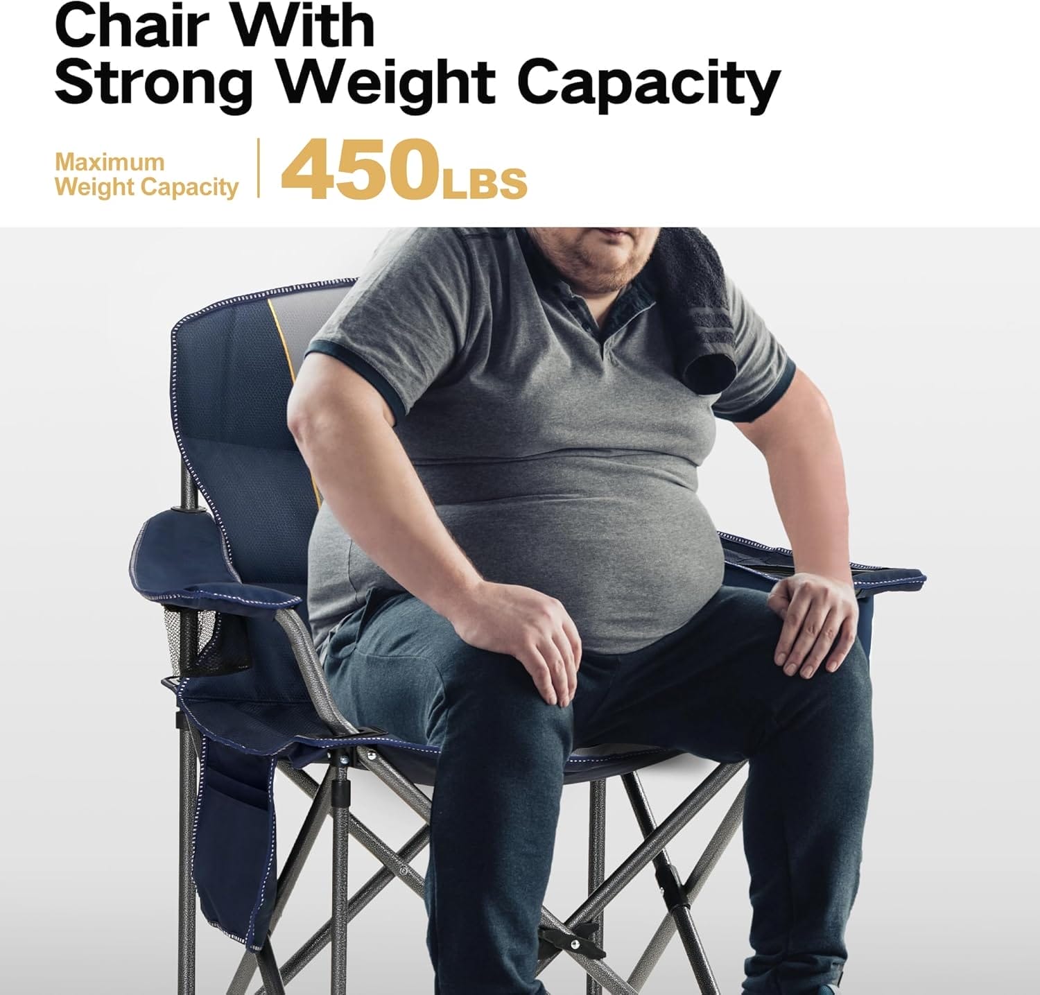 ALPHA CAMP Oversized Camping Folding Chair Heavy Duty with Cooler Bag Support 450 LBS Steel Frame Collapsible Padded Arm Quad Lumbar Back Chair Portable for Lawn Outdoor,Blue - Image 4