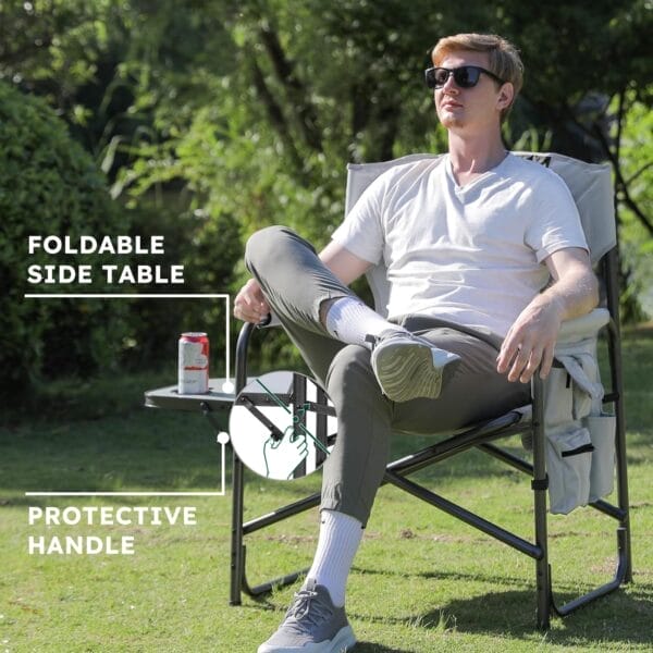 Oversized Directors Camping Chair Support 600 LBS, Heavy Duty Folding Outdoor Chairs with Detachable Side Pocket and Adjustable Side Table for Outside Beach,Lawn,Fishing (Black) - Image 5