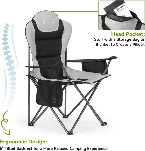 Camping Chairs 2 Pack, Camp Chair for Adults, Folding Chairs for Outside, Support 380 LBS, Portable Travel Lawn Outdoor Camping Chairs with Cup Holder & Cooler Bag, Sports Chairs for Baseball - Image 5