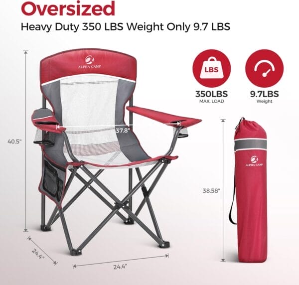 ALPHA CAMP Oversized Mesh Back Camping Folding Chair Heavy Duty Support 350 LBS Collapsible Steel Frame Quad Chair Padded Arm Chair with Cup Holder Portable for Outdoor (Red/Grey) - Image 2