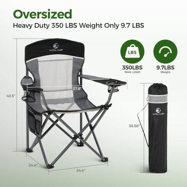 ALPHA CAMP Oversized Mesh Back Camping Folding Chair Heavy Duty Support 350 LBS Collapsible Steel Frame Quad Chair Padded Arm Chair with Cup Holder Portable for Outdoor (Black/Grey) - Image 2