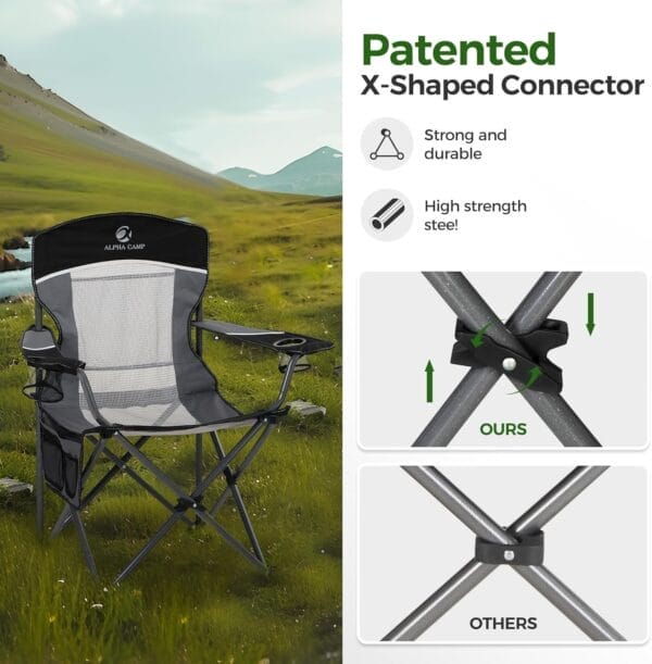 ALPHA CAMP Oversized Mesh Back Camping Folding Chair Heavy Duty Support 350 LBS Collapsible Steel Frame Quad Chair Padded Arm Chair with Cup Holder Portable for Outdoor (Black/Grey) - Image 3