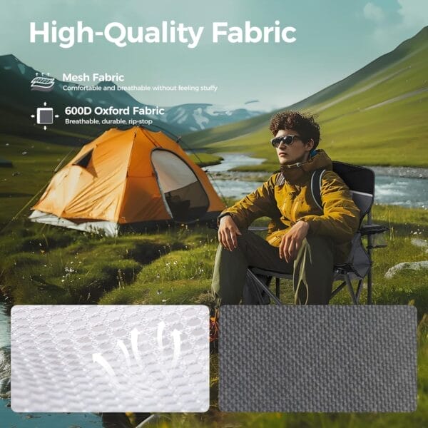 ALPHA CAMP Oversized Mesh Back Camping Folding Chair Heavy Duty Support 350 LBS Collapsible Steel Frame Quad Chair Padded Arm Chair with Cup Holder Portable for Outdoor (Black/Grey) - Image 6
