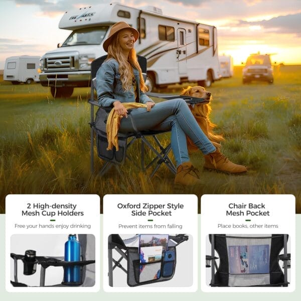 ALPHA CAMP Oversized Mesh Back Camping Folding Chair Heavy Duty Support 350 LBS Collapsible Steel Frame Quad Chair Padded Arm Chair with Cup Holder Portable for Outdoor (Black/Grey) - Image 7
