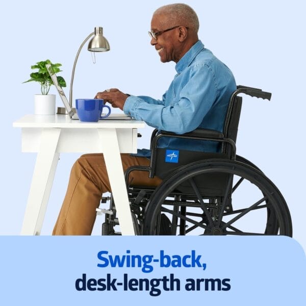 Medline Comfortable Folding Wheelchair with Swing-Back Desk-Length Arms and Swing-Away Footrests, 18”W x 16X”D Seat - Image 4