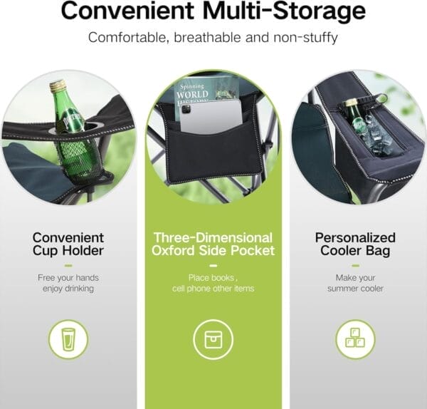 GREEN PARTY Folding Camping Chair Oversized Heavy Duty Lawn Chair with Cooler Bag, Cup Holder, Storage Pocket, Collapsible Padded Outdoor Arm Chair, Quad Lumbar - Image 8