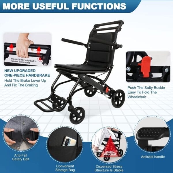 World's Lightest (Only 15lbs) Portable Transit Travel Wheelchair, Folding Transport Wheelchairs for Adults and Seniors Support 220lbs, Lightweight Aluminum Wheelchair for Elderly - Image 5