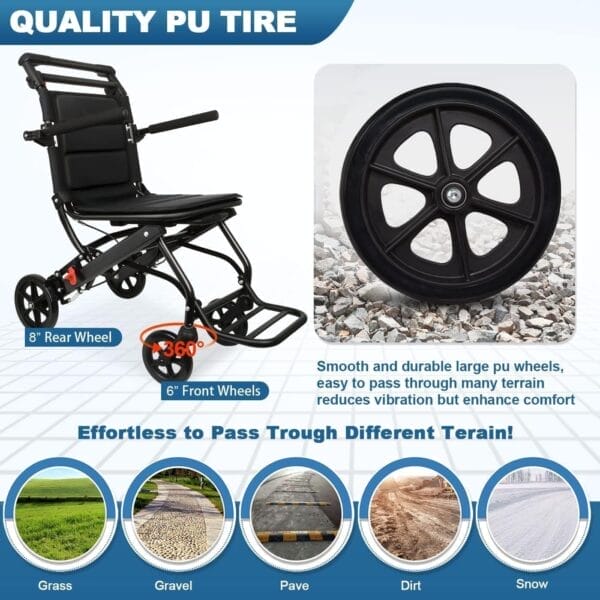World's Lightest (Only 15lbs) Portable Transit Travel Wheelchair, Folding Transport Wheelchairs for Adults and Seniors Support 220lbs, Lightweight Aluminum Wheelchair for Elderly - Image 6