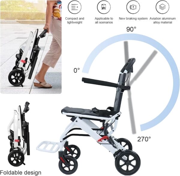 Folding Transport Wheelchair, Lightweight Wheelchair Foldable Travel Wheel Chair for Seniors (only 8.2KG), Portable Transport Chairs with Adjustable Safety Strap, PU Wheels for Smooth Rid for Elderly - Image 2