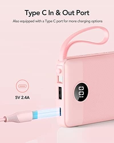 VRURC Portable Charger Power Bank, 10000mAh Travel Essentials Battery Pack, 5 Outputs 2 Inputs Slim Charging Bank Built-in Cables Cords Wires Compatible with iPhone,Samsung,Android-Pink(1 Pack) - Image 3