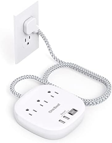 One Beat Flat Plug Power Strip, 5ft Flat Extension Cord, 3 Outlets 4 USB Ports (2 USB C) 22.5W/4.5A Desktop Charging Station Power Strip No Surge Protection, Cruise Ship Dorm Room Travel Essentials