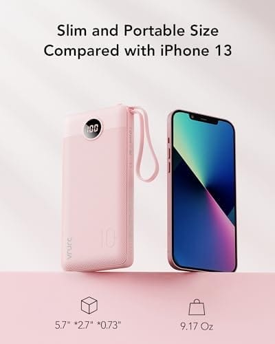 VRURC Portable Charger Power Bank, 10000mAh Travel Essentials Battery Pack, 5 Outputs 2 Inputs Slim Charging Bank Built-in Cables Cords Wires Compatible with iPhone,Samsung,Android-Pink(1 Pack) - Image 5