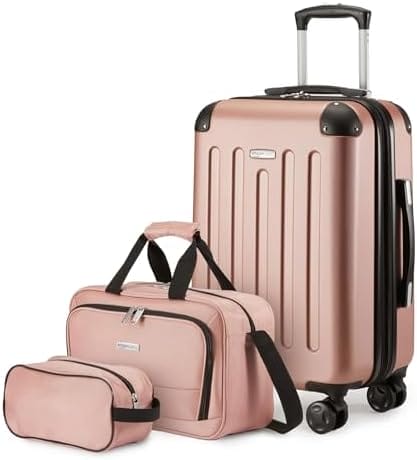 Amazon Basics 3-Piece Luggage Set, Including Carry-On Luggage (22" Expandable Hardside Suitcase With 8 Spinner Wheels), 15" Tote Bag, and 10" Compact Travel Bag, Rose Gold