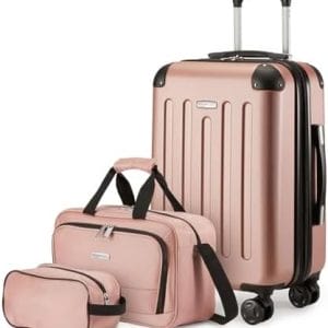 Amazon Basics 3-Piece Luggage Set, Including Carry-On Luggage (22" Expandable Hardside Suitcase With 8 Spinner Wheels), 15" Tote Bag, and 10" Compact Travel Bag, Rose Gold