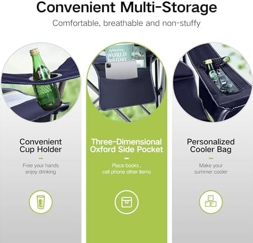 GREEN PARTY Folding Camping Chair Oversized Heavy Duty Lawn Chair with Cooler Bag, Cup Holder, Storage Pocket, Collapsible Padded Outdoor Arm Chair, Quad Lumbar - Image 8