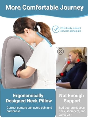 Maliton Inflatable Travel Pillow for Airplane Comfortable Sleeping to Relieve Neck and Shoulder Pain, Support Head Inflatable Pillow for Long Flights, Used for Airplanes, Cars, Trains, Office(Grey) - Image 3