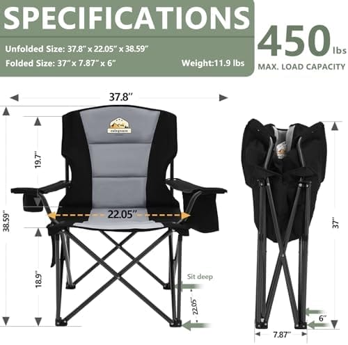 Oversized Folding Camping Chairs - 450 LBS Support Heavy Duty Camp Chair with Padded Cushion, Portable Outside Chairs with Carry Bag，Cooler, Cup Holder for Outdoor, Lawn, Sports - Black - Image 3