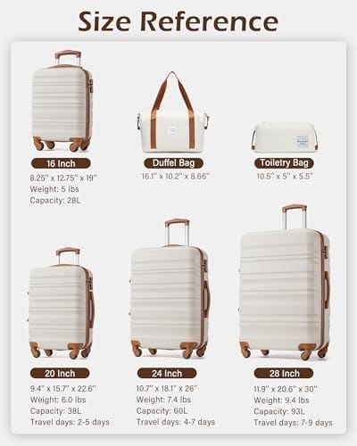 LONG VACATION 6 Piece Luggage Set Carry on Suitcase with ABS+PC hardshell, Spinner Wheels & YKK Zipper TSA Lock (WHITE-BROWN, 6 piece set) - Image 7