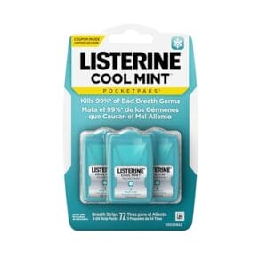 Listerine Cool Mint PocketPaks Portable Breath Strips for Bad Breath, Fresh Breath Strips Dissolve Instantly to Kill 99% of Bad Breath Germs* On-The-Go, Cool Mint, 24-Strip Pack, 3 Pack