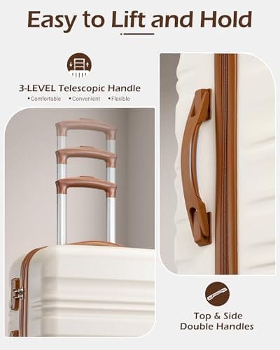 LONG VACATION 6 Piece Luggage Set Carry on Suitcase with ABS+PC hardshell, Spinner Wheels & YKK Zipper TSA Lock (WHITE-BROWN, 6 piece set) - Image 4
