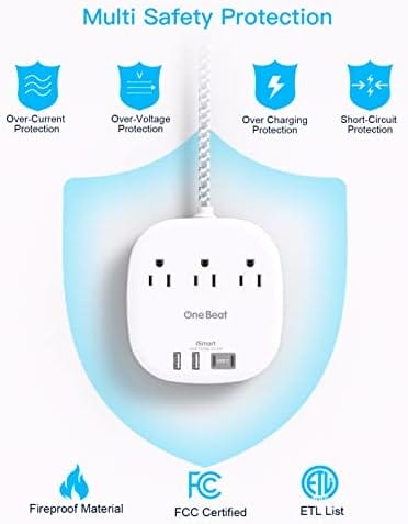 One Beat Flat Plug Power Strip, 5ft Flat Extension Cord, 3 Outlets 4 USB Ports (2 USB C) 22.5W/4.5A Desktop Charging Station Power Strip No Surge Protection, Cruise Ship Dorm Room Travel Essentials - Image 7