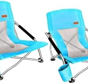 Nice C Adults Low Beach Chair, Sling, Folding, Portable, Concert, Kids, Boat, Sand Chair with Cup Holder & Carry Bag (2 Pack of Blue)
