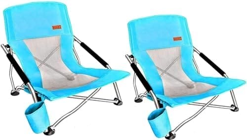 Nice C Adults Low Beach Chair, Sling, Folding, Portable, Concert, Kids, Boat, Sand Chair with Cup Holder & Carry Bag (2 Pack of Blue)