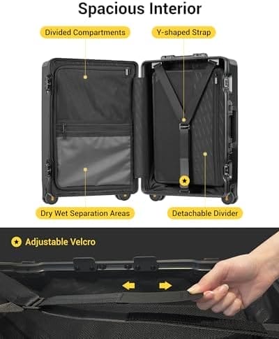 LEVEL8 Zipperless Carry On Suitcase Airline Approved with Aluminum Frame, Lightweight Hard Shell Luggage with Spinner Wheels, Metal Travel Luggage with Double Tsa Locks, 20 Inch, Black - Image 6