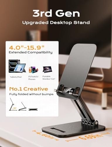 LISEN Tablet Stand for iPad Stand Holder Desk, Foldable Home Office Desk Accessories Travel for iPad Holder Dorm College Essentials Portable Monitor Stand Fits Tabs Kindle iPhone 4-15.9" Black - Image 2