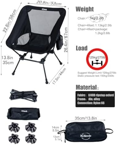 iClimb Ultralight Compact Camping Folding Beach Chair with Anti-Sinking Large Feet - Image 3
