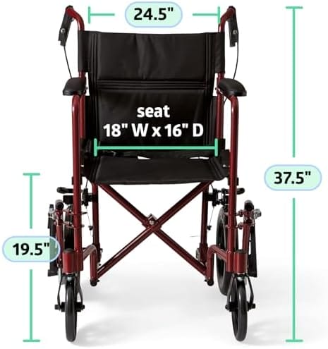Medline Lightweight Foldable Transport Wheelchair with Handbrakes and 12-Inch Wheels, Red Frame, Black Upholstery - Image 6