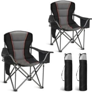 Oversized Portable Camping Folding Chair, Heavy Duty Foldable Outdoor Chair, Camp Chair with Cup Holder and Cooler Bag for Caamping, Travel, Support 450 LBS,2 Pack, Black…