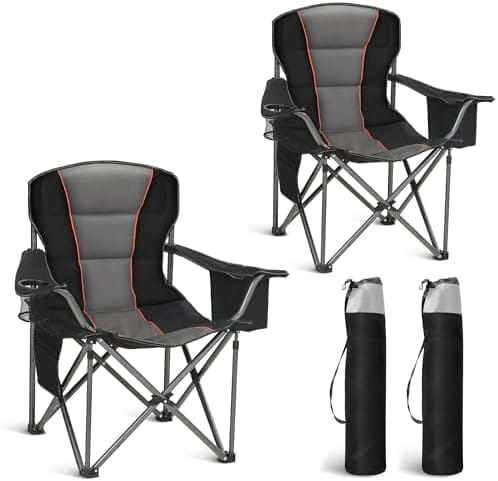 Oversized Portable Camping Folding Chair, Heavy Duty Foldable Outdoor Chair, Camp Chair with Cup Holder and Cooler Bag for Caamping, Travel, Support 450 LBS,2 Pack, Black…