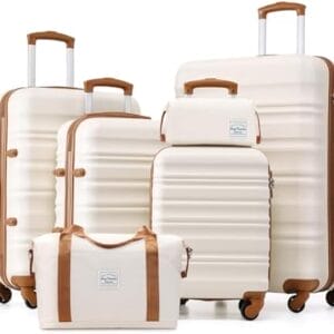 LONG VACATION 6 Piece Luggage Set Carry on Suitcase with ABS+PC hardshell, Spinner Wheels & YKK Zipper TSA Lock (WHITE-BROWN, 6 piece set)