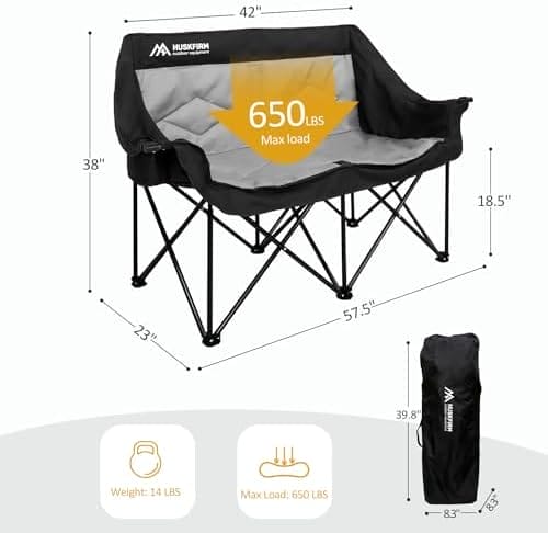 2 Person Camping Chair Oversized Loveseat Camping Chair Double Camping Chairs for Adults Heavy Duty Camping Couch Black Outdoor Folding Chair Portable Patio Lawn Chair - Image 3