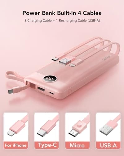 VRURC Portable Charger Power Bank, 10000mAh Travel Essentials Battery Pack, 5 Outputs 2 Inputs Slim Charging Bank Built-in Cables Cords Wires Compatible with iPhone,Samsung,Android-Pink(1 Pack) - Image 2