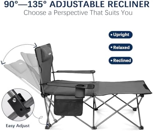 apollo walker Camping Chairs for Adults - 6 Legged Beach Chair with Foot Rest, Adjustable 90° - 130° Reclining Lounge Chair Outdoor, Folding Chairs for Outside with Detachable Pillow & Carry Bag Grey - Image 4