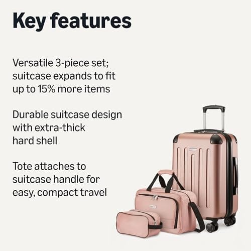 Amazon Basics 3-Piece Luggage Set, Including Carry-On Luggage (22" Expandable Hardside Suitcase With 8 Spinner Wheels), 15" Tote Bag, and 10" Compact Travel Bag, Rose Gold - Image 2