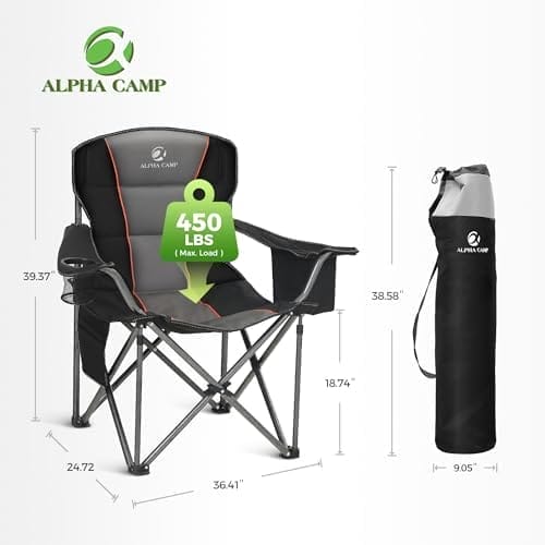 ALPHA CAMP Oversized Camping Folding Chair, Heavy Duty Support 450 LBS Steel Frame Collapsible Padded Arm Chair with Cup Holder Quad Lumbar Back, Portable for Outdoor - Image 2