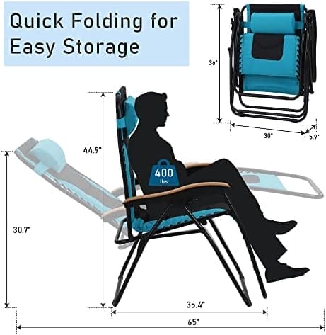 PHI VILLA XXL Oversized Padded Zero Gravity Chair, Foldable Patio Recliner, 30" Wide Seat Anti Gravity Lounger with Cup Holder, Support 400 LBS (Aqua) - Image 3