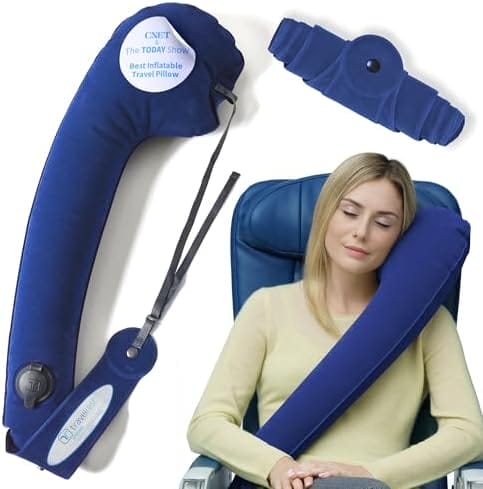 TRAVELREST Ultimate Travel Pillow & Body Pillow - Headrest, Auto, Bus, Train, Office Napping, Camping, Wheelchairs, Comfort and Support, Rolls Up, Straps to Airplane Seat & Car - Blue