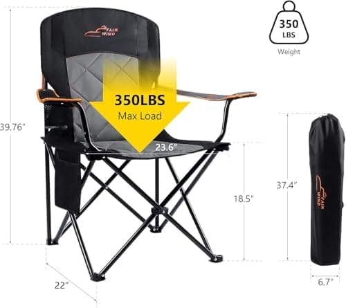 FAIR WIND 2 Pack Oversized Fully Padded Camping Chair Heavy Duty Quad Fold Arm Chair Support 350 LBS with Cup Holder, Collapsible Lumbar Back Chair Portable for Outdoor, Black - Image 3