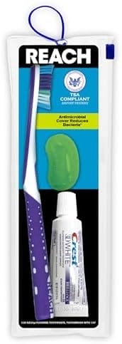 Reach Ultraclean Travel Kit Toothbrush with Toothbrush Cap and Toothpaste, Multi-Angled, Soft Bristles, TSA-Airport Friendly, Resealable, Portable and Reusable Bag