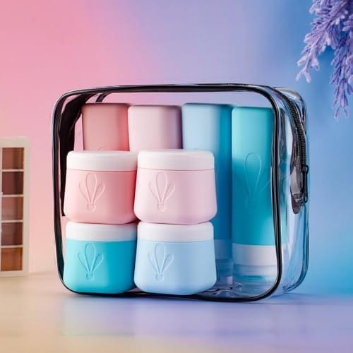 INSFIT 8 Pack Silicone Travel Bottles & Cream Jars with Toiletry Bag, 3oz Leakproof Containers & 2oz Jars with Waterproof Labels, BPA-Free Squeezable Toiletries Set for Shampoo, Lotion, Cosmetics - Image 7