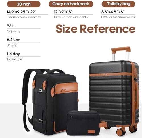 Luggage Sets 3 Piece, Carry On Luggage 20 Inch With Spinner Wheels,PC Hardside Suitcase Set with TSA Lock,Durable Carry On Suitcase With Travel Backpack for Men (Black, 3 piece set (20inch)) - Image 7