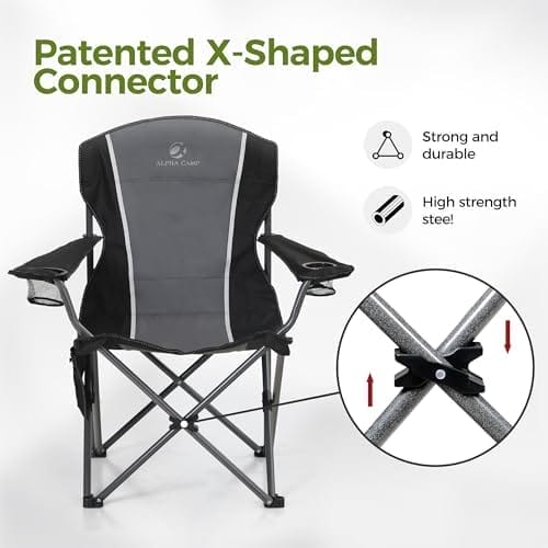 ALPHA CAMP Oversized Camping Folding Chair - Heavy Duty Steel Frame Support 350 LBS, Collapsible Padded Arm With Cup Holder, Quad Lumbar Back, Portable for Outdoor/Indoor - Image 8
