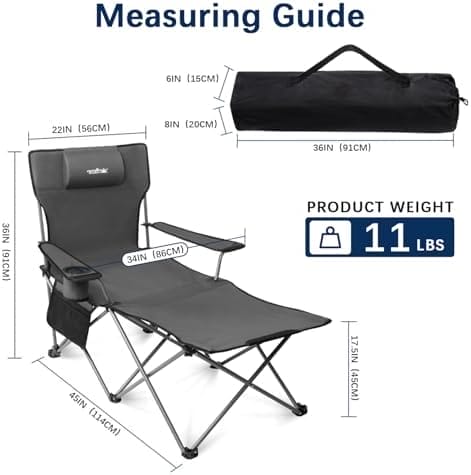 apollo walker Camping Chairs for Adults - 6 Legged Beach Chair with Foot Rest, Adjustable 90° - 130° Reclining Lounge Chair Outdoor, Folding Chairs for Outside with Detachable Pillow & Carry Bag Grey - Image 3