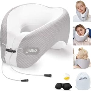 Neck Pillow Airplane, 2025 Upgraded Memory Foam Travel Pillow, Travel Essentials with 3D Eye Masks, Earplugs and Portable Drawstring Bag, Airplane Pillow for Travel, Home, Office, and Gaming